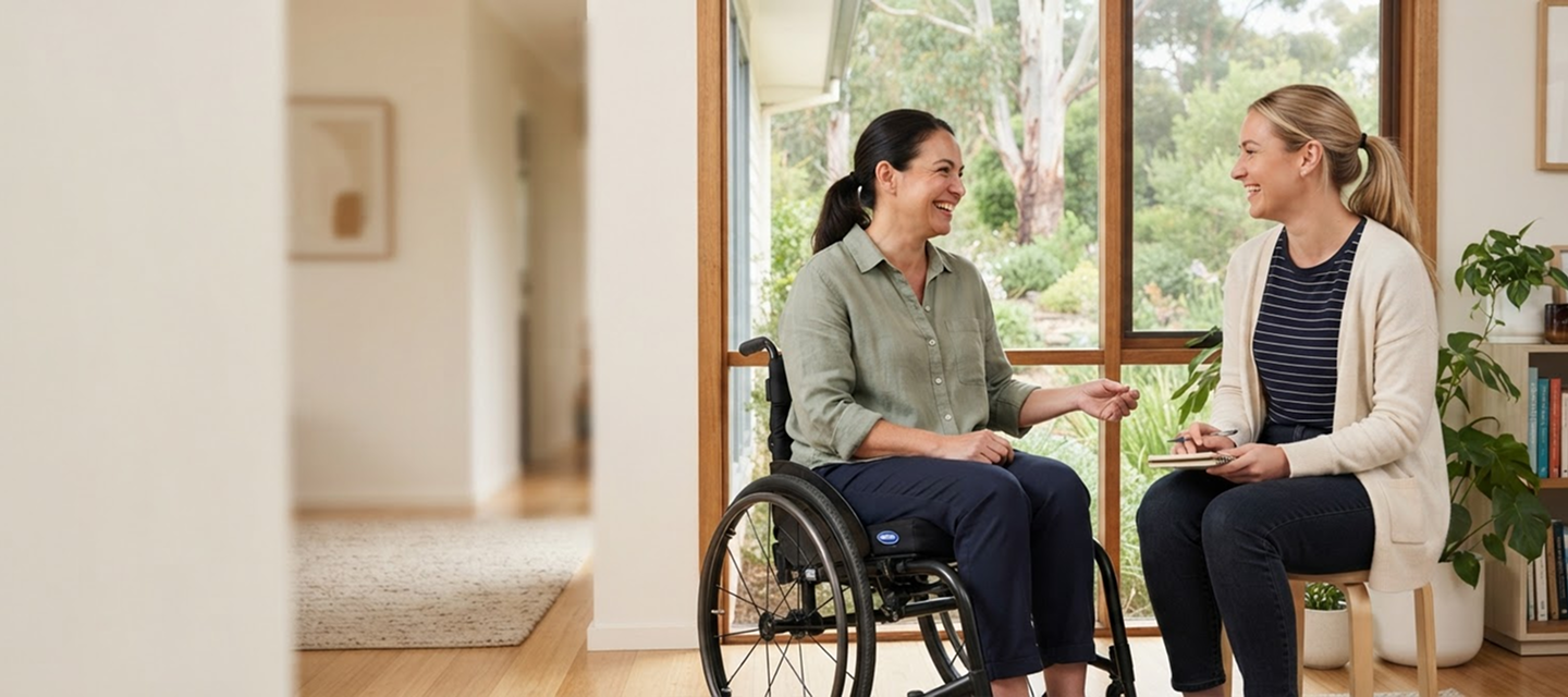 Support worker chatting with a participant in a wheelchair at home